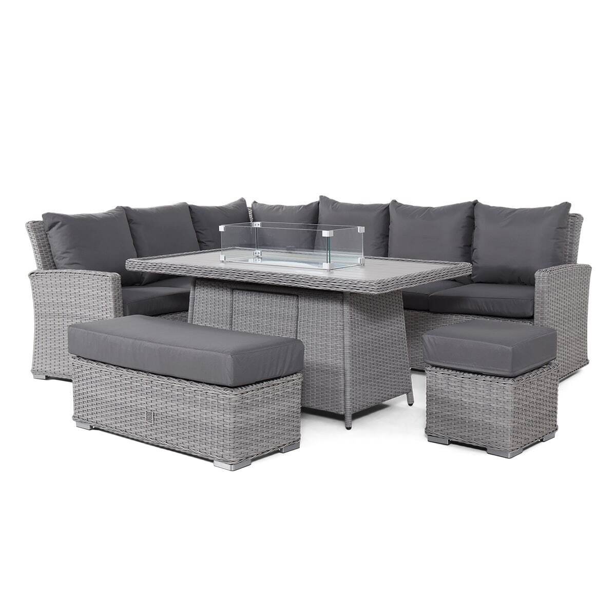 Ascot Rectangular Rattan Corner Dining Set with Fire Pit Table & Weatherproof Cushions