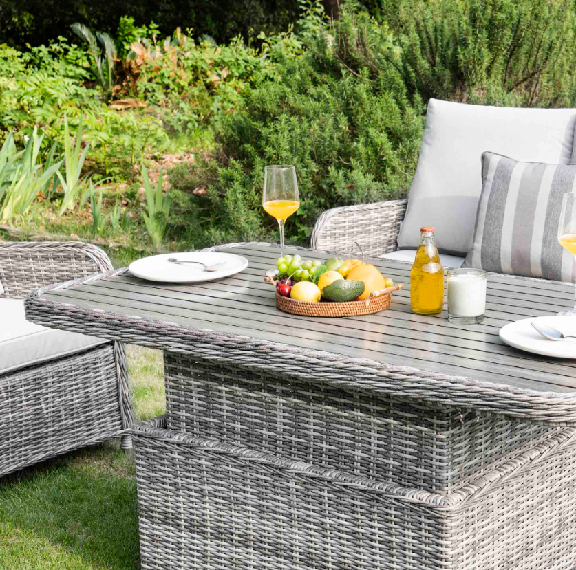 Hampshire 7-Seater Round Wicker Rattan Sofa Set with Rising Table, Light Grey - Image 4