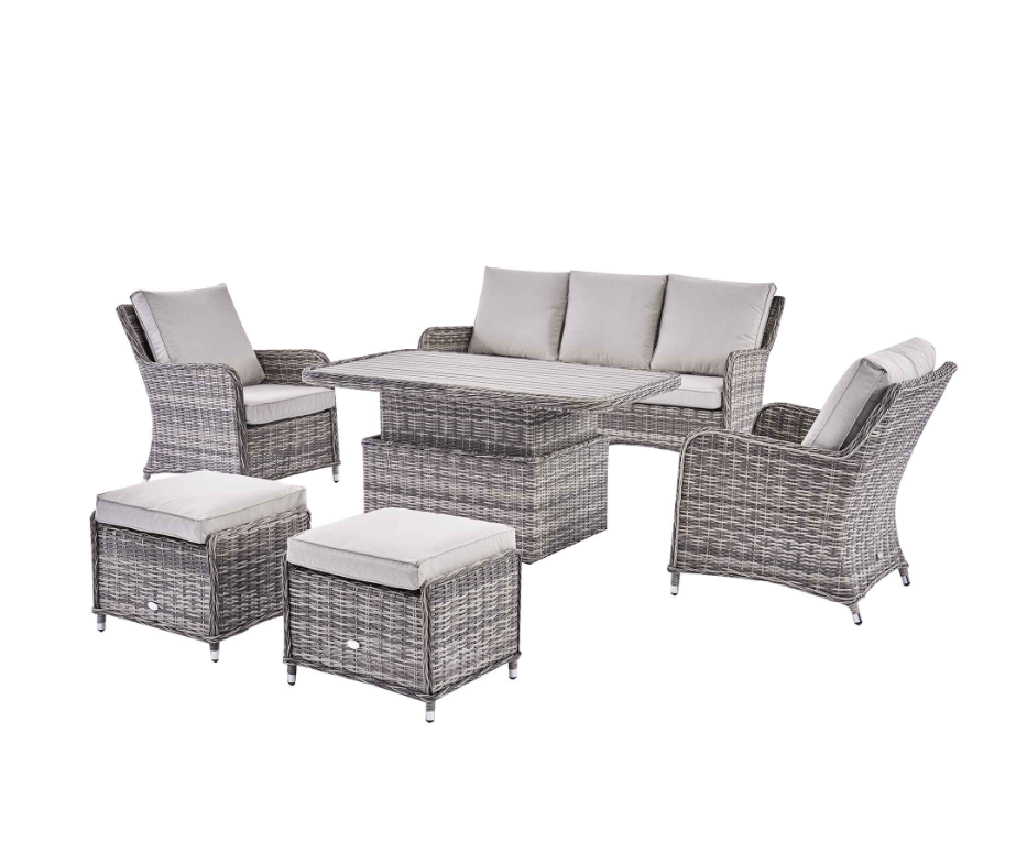 Hampshire 7-Seater Round Wicker Rattan Sofa Set with Rising Table, Light Grey - Image 6