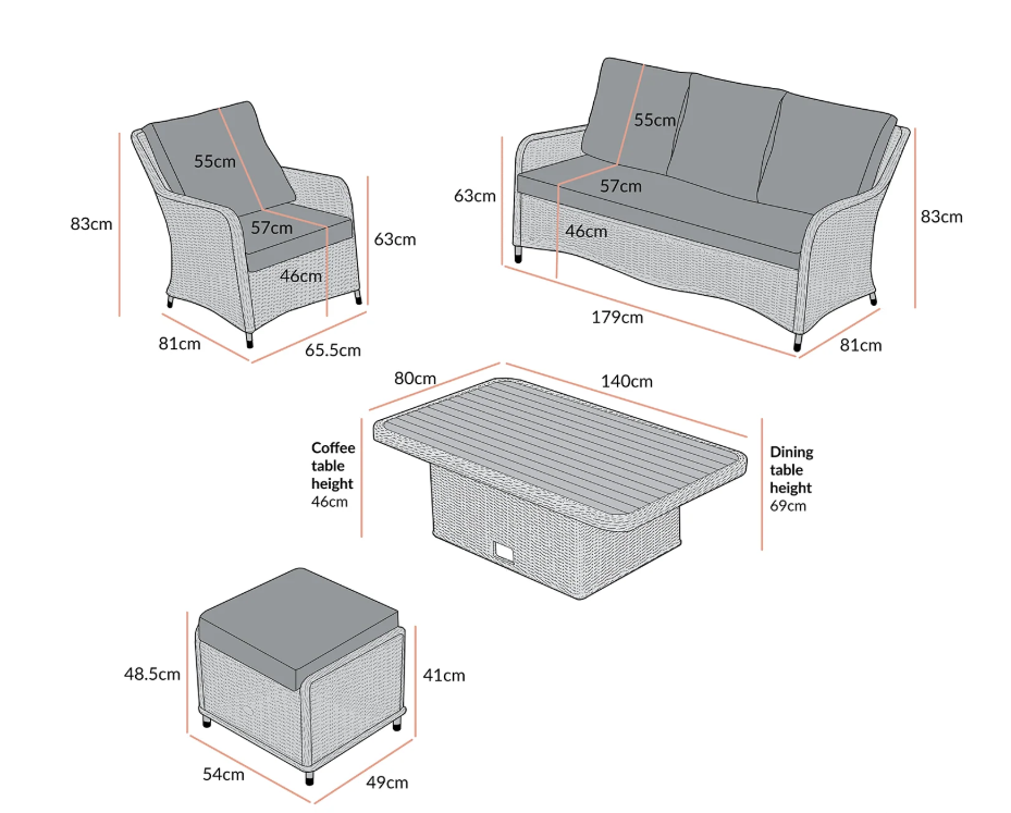 Hampshire 7-Seater Round Wicker Rattan Sofa Set with Rising Table, Light Grey - Image 5