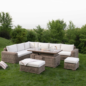 A Bellagio Round Wicker Large Corner Casual Dining Set with Rising Firepit Table, Natural