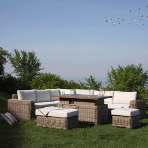 Alternative view of A Bellagio Round Wicker Large Corner Casual Dining Set with Rising Firepit Table, Natural