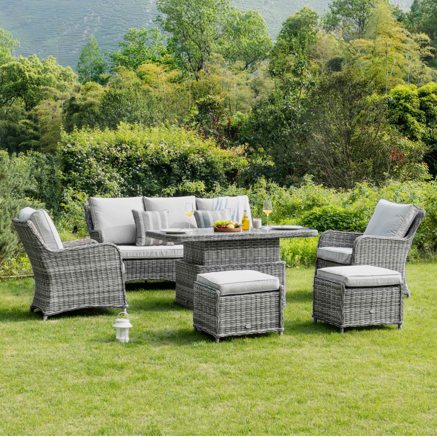 Hampshire 7-Seater Round Wicker Rattan Sofa Set with Rising Table, Light Grey - Image 2